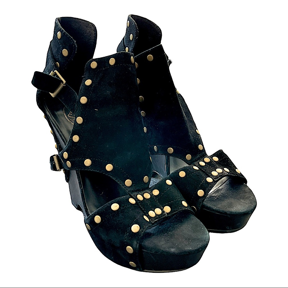ASH Black Suede Leather Platform Wedge Sandals With Gold Tone Studs Sz 9